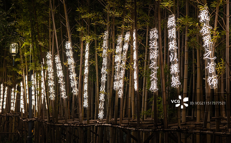 夜晚南京金陵小城竹林边亮起的写着诗经楚辞的灯带图片素材