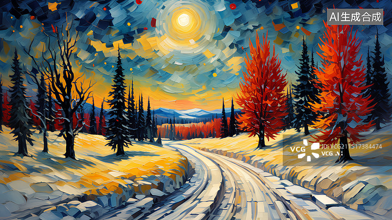 【AI数字艺术】手绘风景插画 冬季林间林间公路的高角度视野图片素材