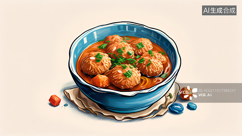 【AI数字艺术】美食插画 狮子头菜肴图片素材