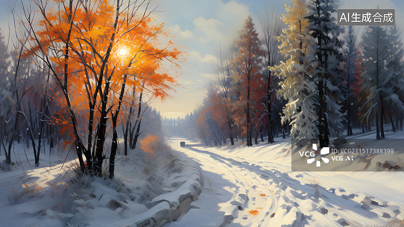【AI数字艺术】手绘风景插画 雪地上的树木图片素材
