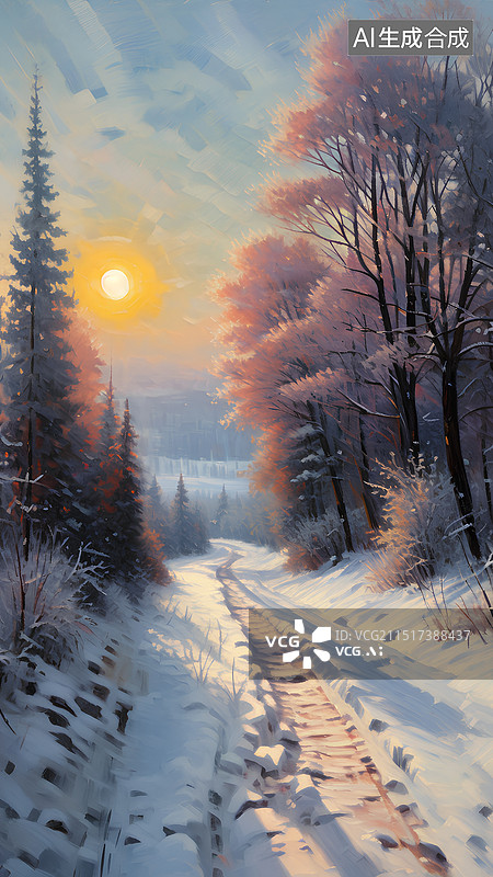 【AI数字艺术】手绘风景插画 雪地上的树木顶着天空图片素材