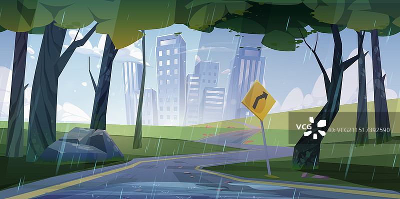 雨天通往城市的沥青蜿蜒路图片素材