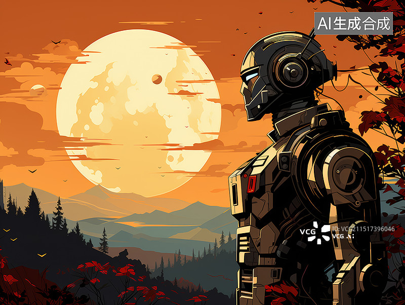 【AI数字艺术】未来科幻机器人在自然中插画图片素材