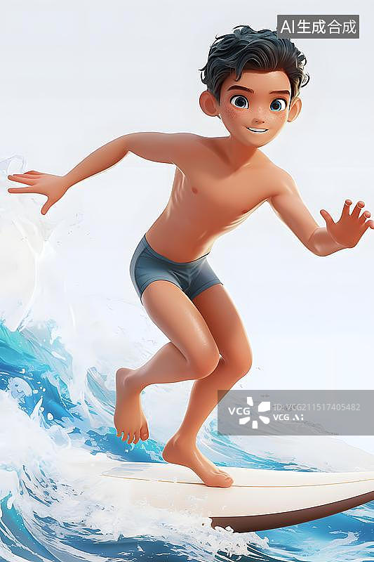 【AI数字艺术】在大海上冲浪的可爱卡通男孩，乘坐色彩鲜艳的冲浪板，脸上带着开心的表情图片素材