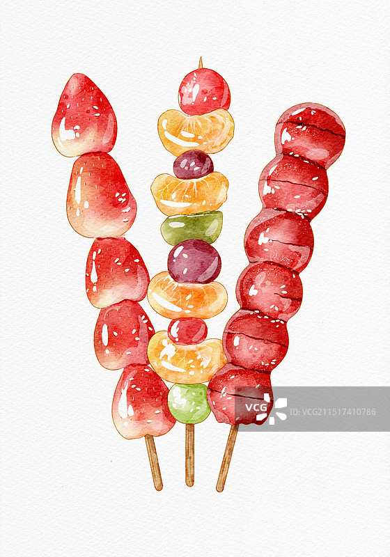水果冰糖葫芦水彩插画图片素材