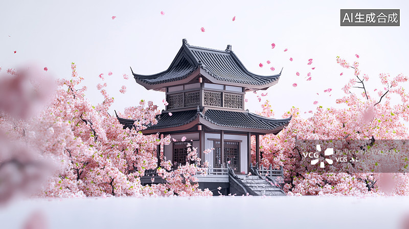 【AI数字艺术】鲜花包围的中国古建筑图片素材