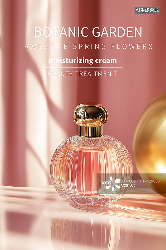 【AI数字艺术】金色香水在圆球和光晕背景前，水乳精油产品，香水商业广告拍摄海报模版，生物化妆品 竖版图片素材