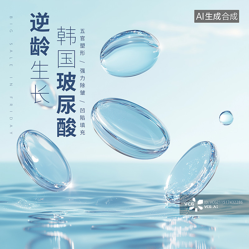 【AI数字艺术】3D护肤品商业广告海报模版 ，3D渲染的奢华感化妆品，玻璃物体，维生素E胶囊，微观生物粒子图片素材