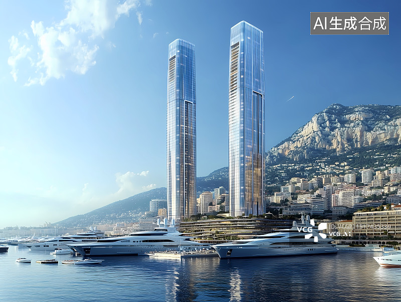 【AI数字艺术】海边的摩天大楼和游艇码头图片素材