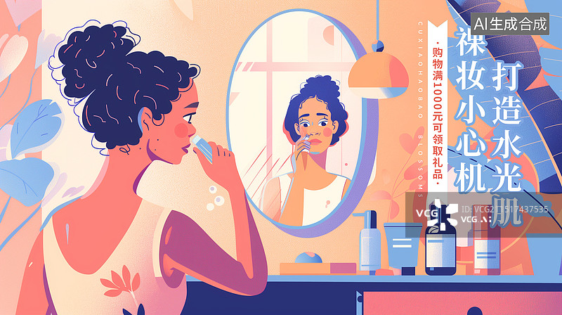 【AI数字艺术】女人美妆美颜插画海报模版，对着镜子化妆的女孩，美丽主题插图微笑的女人用化妆刷刷腮红，化妆桌上摆满化妆图片素材