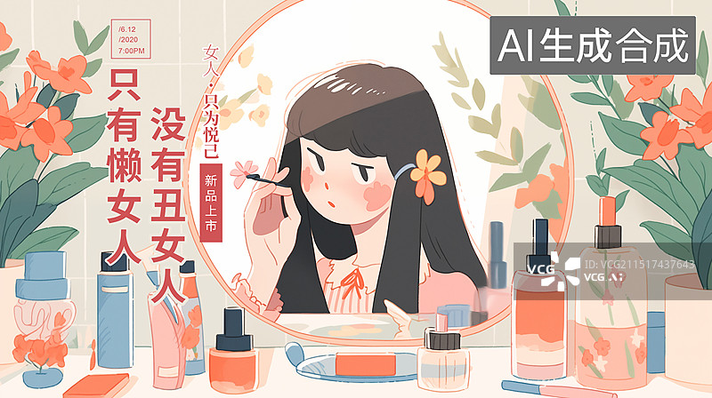 【AI数字艺术】女人美妆美颜插画海报模版，对着镜子化妆的女孩，美丽主题插图微笑的女人用化妆刷刷腮红，化妆桌上摆满化妆图片素材