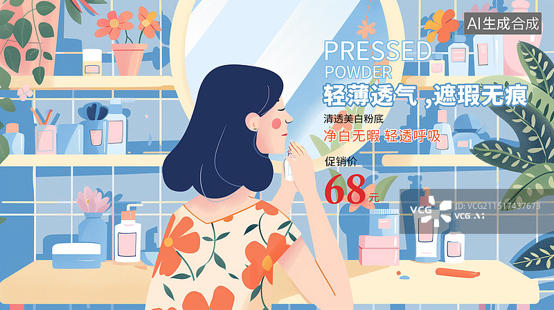 【AI数字艺术】女人美妆美颜插画海报模版，对着镜子化妆的女孩，美丽主题插图微笑的女人用化妆刷刷腮红，化妆桌上摆满化妆图片素材