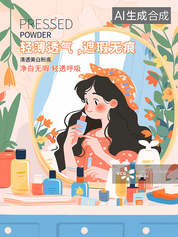 【AI数字艺术】女人美妆美颜插画海报模版，对着镜子化妆的女孩，美丽主题插图微笑的女人用化妆刷刷腮红，化妆桌上的化妆品图片素材