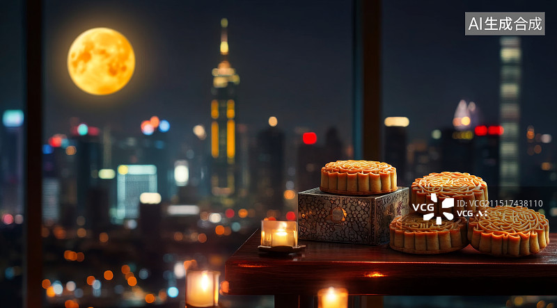 【AI数字艺术】月饼也窗外夜景图片素材