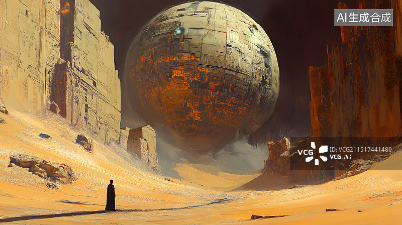 【AI数字艺术】科幻场景一个人在沙漠中注视着巨大的球体图片素材