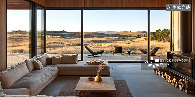 【AI数字艺术】现代简约客厅设计，落地窗视野开阔，观赏山坡美景图片素材