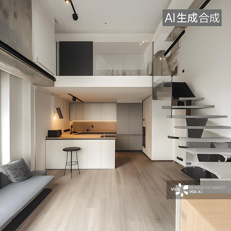 【AI数字艺术】现代简约loft公寓的厨房和楼梯图片素材