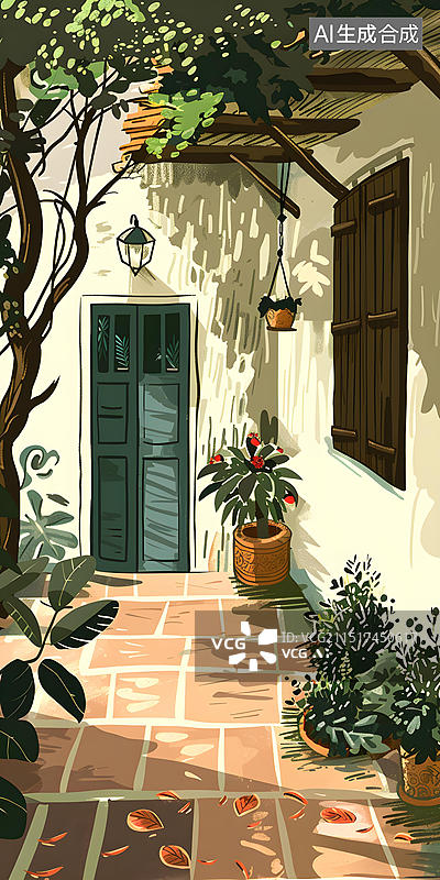 【AI数字艺术】绿门庭院，盆栽植物和落叶图片素材