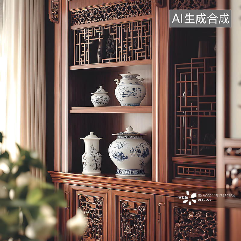 【AI数字艺术】中式古典家具上摆放的青花瓷瓶图片素材