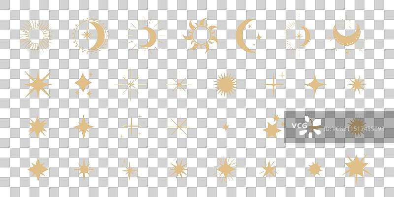 金色月亮、太阳和星星闪耀图标图片素材
