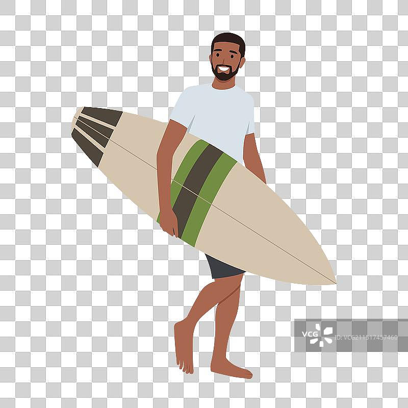 年轻冲浪者和他的冲浪板准备冲浪图片素材