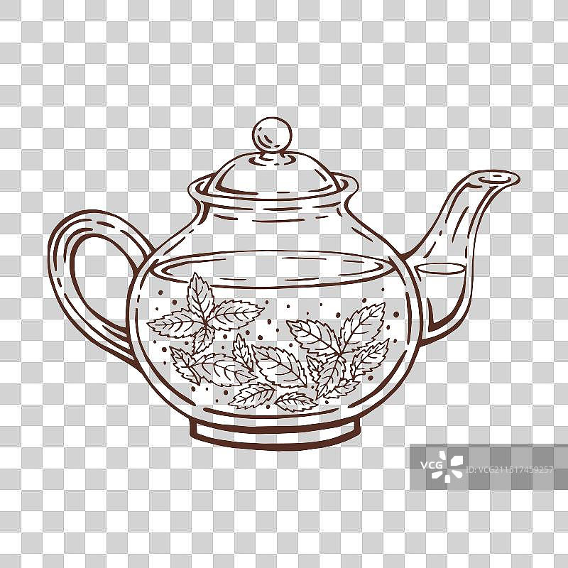手绘薄荷茶茶壶轮廓图片素材