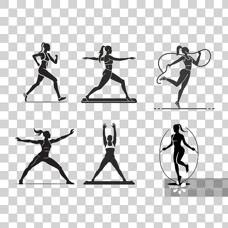 女性健身运动和健身房孤立剪影图片素材