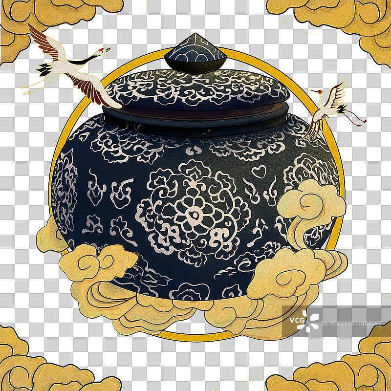 国潮风宝相花纹路罐子文物带装饰元素可编辑图片素材