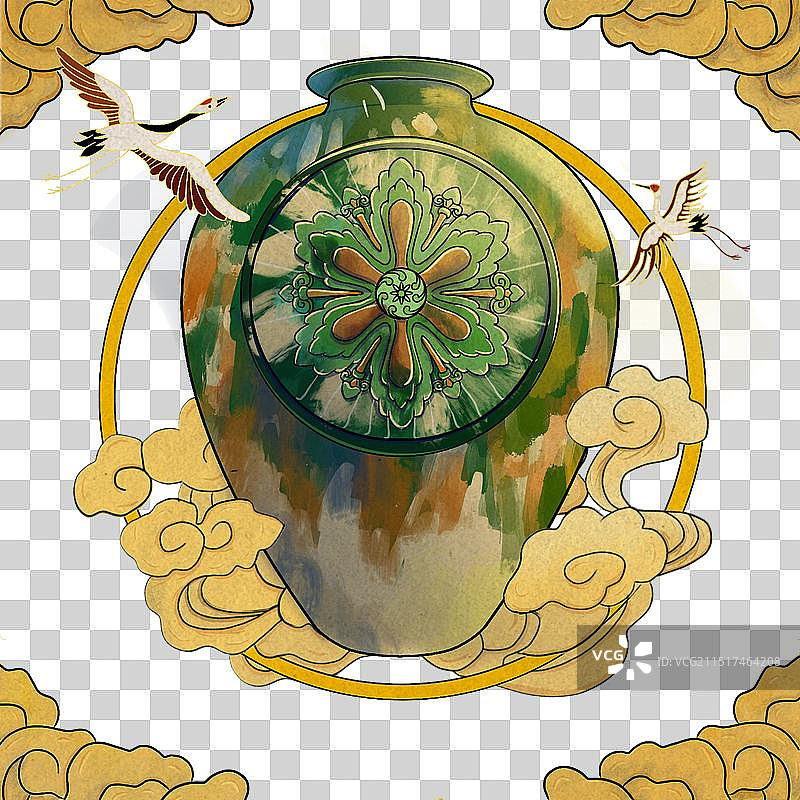 国潮风宝相花纹路宝瓶文物带装饰元素可编辑图片素材