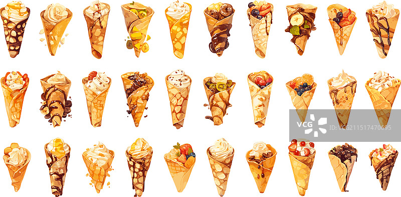 卡通甜味可丽饼套餐：薄烤饼或蛋卷图片素材