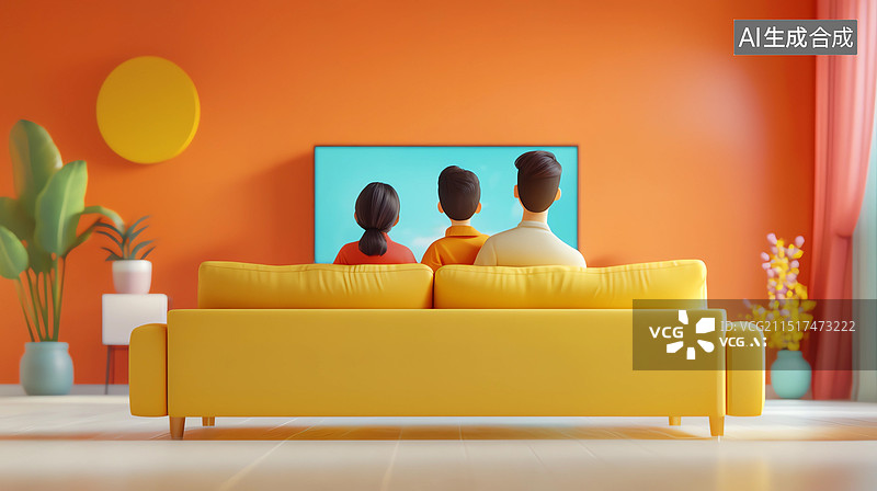 【AI数字艺术】一家三口坐在沙发上看电视图片素材