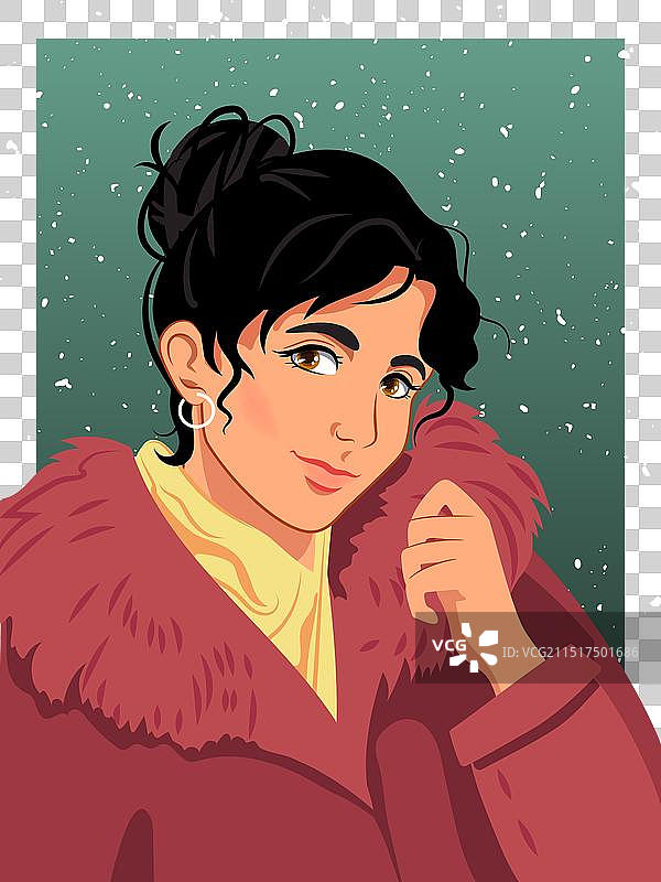 穿着栗色外套在雪中梳着发髻的女孩图片素材