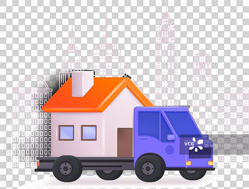 搬家服务概念：带房子的3D移动卡车图片素材