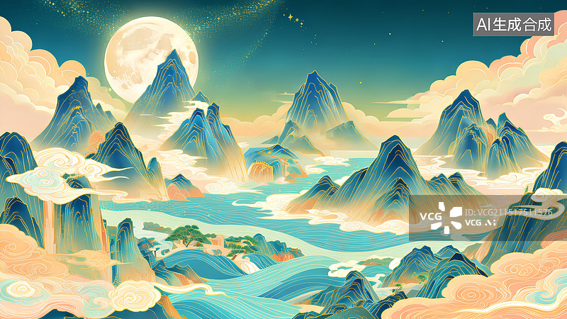 【AI数字艺术】千里江山图 月亮 国潮插画版图片素材