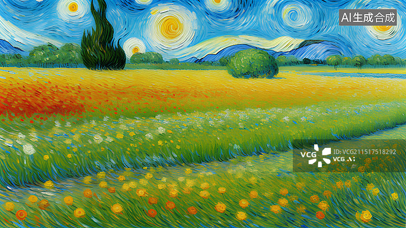 【AI数字艺术】手绘风景插画 美丽的草原风光图片素材