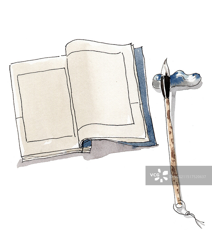 手绘水彩国风文房文具毛笔古籍泛黄旧书图片素材