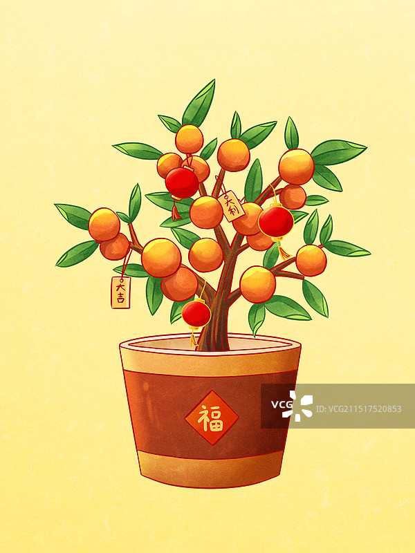 手绘大吉大利吉祥盆栽插画图片素材