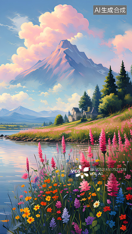 【AI数字艺术】手绘风景插画 河边的花 日落时的空中风景图片素材