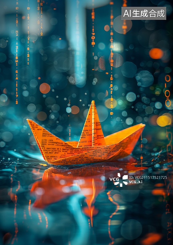 【AI数字艺术】一艘小纸船在数字代码的海洋漂泊图片素材