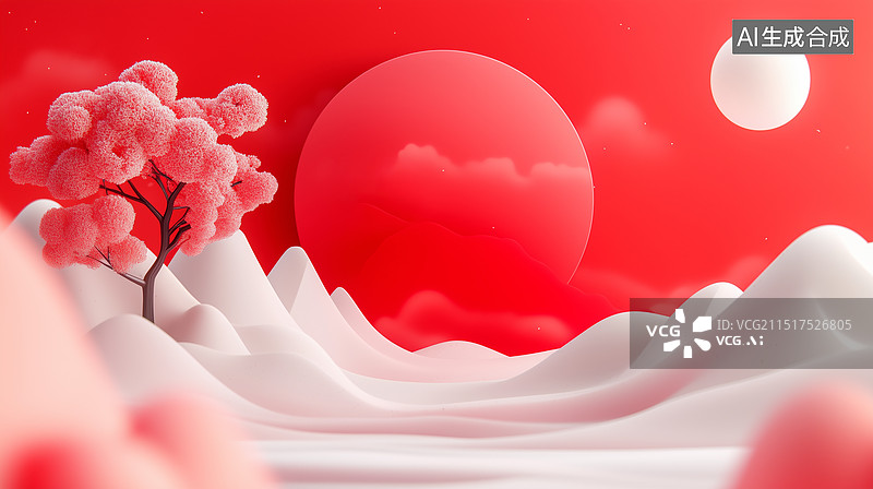 【AI数字艺术】3D新中式红色创意场景图片素材