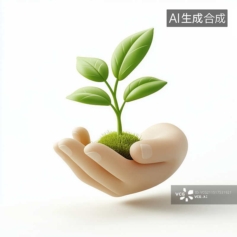 【AI数字艺术】3D手掌捧着树苗图片素材