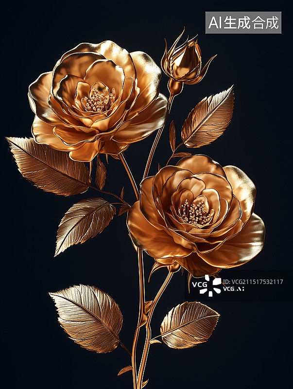 【AI数字艺术】3D金属金色花朵图片素材