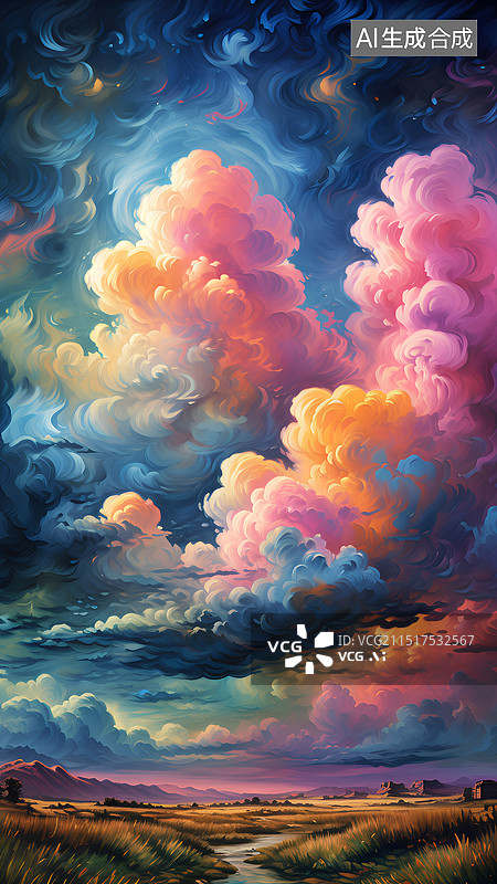 【AI数字艺术】手绘风景插画 日落时的云景图片素材