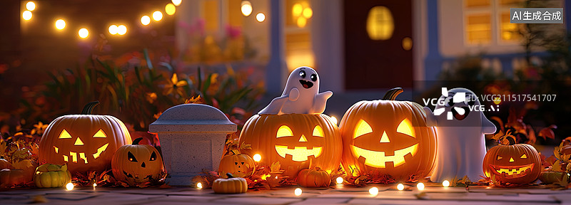 【AI数字艺术】3D万圣节庭院布置氛围感背景图片素材