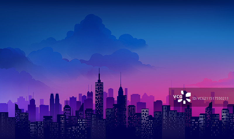 手绘景观插图蓝色和紫色天空下的城市图片素材