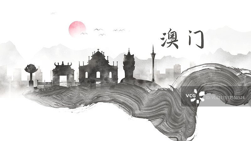 澳门中国风水墨城市毛笔洒脱诗意水彩画建筑剪影图片素材
