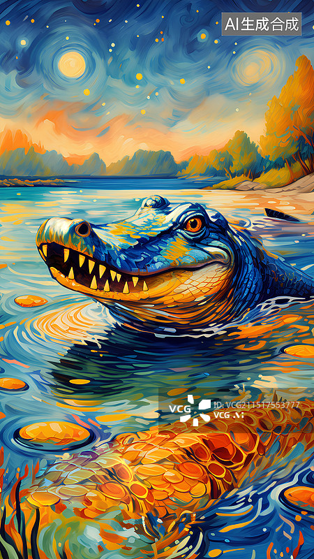【AI数字艺术】手绘动物插画 日落时湖中的鱼的特写镜头图片素材