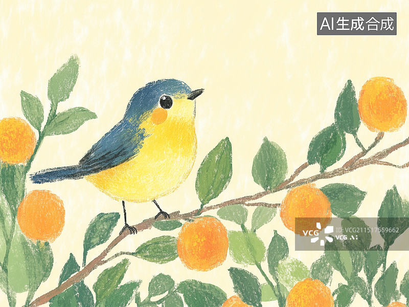 【AI数字艺术】手绘，站在桔子树枝上的小鸟，彩色铅笔插图图片素材