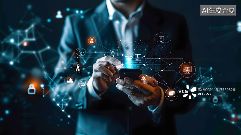 【AI数字艺术】黑色背景下商务人士用手机控制智能家居的场景图片素材