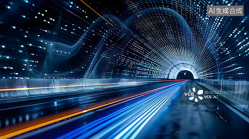 【AI数字艺术】光子效果的时空隧道，城市道路科技概念背景图，速度感的光轨图片素材